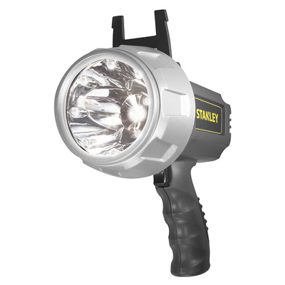 STANLEY<sup>&reg;</sup> Rechargeable Li-Ion LED Spotlight - 
This 5-Watt rechargeable LED spotlight provides up to 1200 lumens of ultra-bright illumination. It also features a power-saving halo mode utilizing 8 ambient LEDs, offering up to 1 hour on High Beam and up to 11 Hours on Low Beam. Designed with impact-resistant polymer housing and a pivoting/collapsible stand for hands-free operation, it's an ideal solution for significant projects, emergencies, power outages, or nighttime outdoor activities.